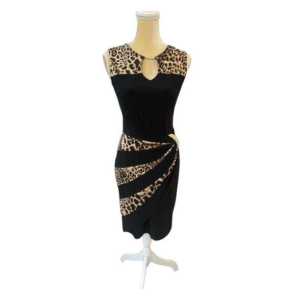 Joseph Ribkoff 153690 Black Leopard Print Sheath Dress Gold Ring Accent 6 Canada - Picture 2 of 10